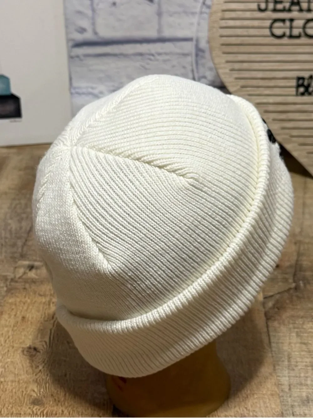Adidas White Cream Trefoil Knit Beanie Winter Hat Black Embroidered OSFM